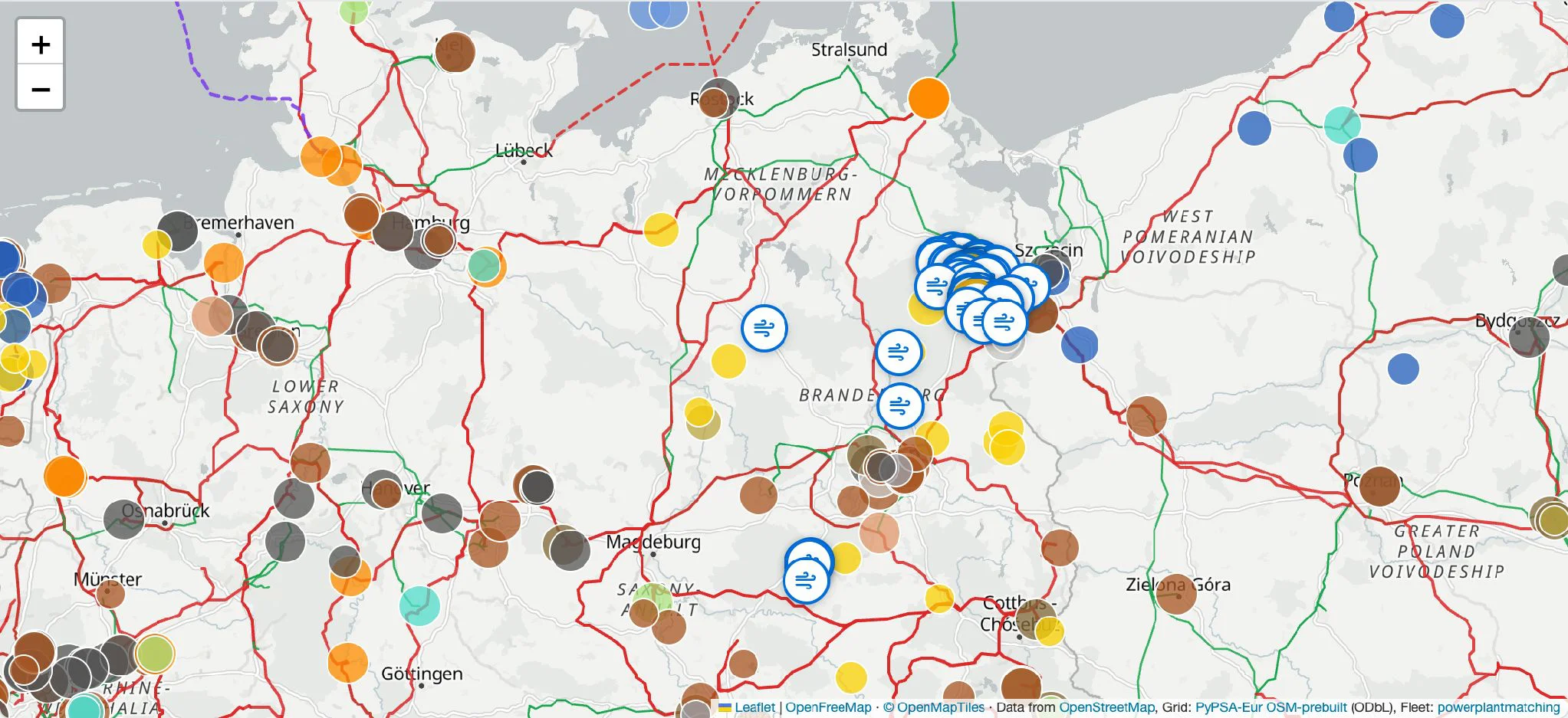 EnviroTrust-Anlagenkarte mit einem beispielhaften Energieportfolio und Übertragungsnetz